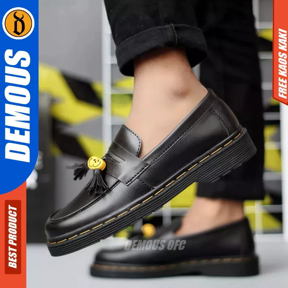 Demous Smile - Sepatu Penny Loafers Docmart Hitam Pantofel Kerja Pria