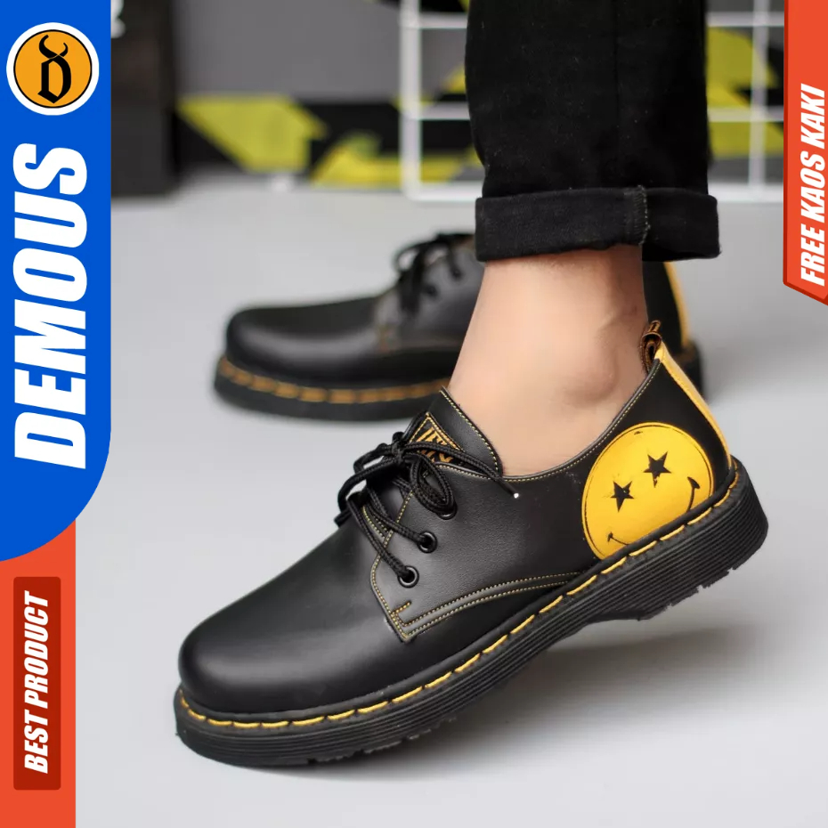 DEMOUS Skull - Sepatu Docmart Low Boots Formal Tali Hitam Kerja Pria