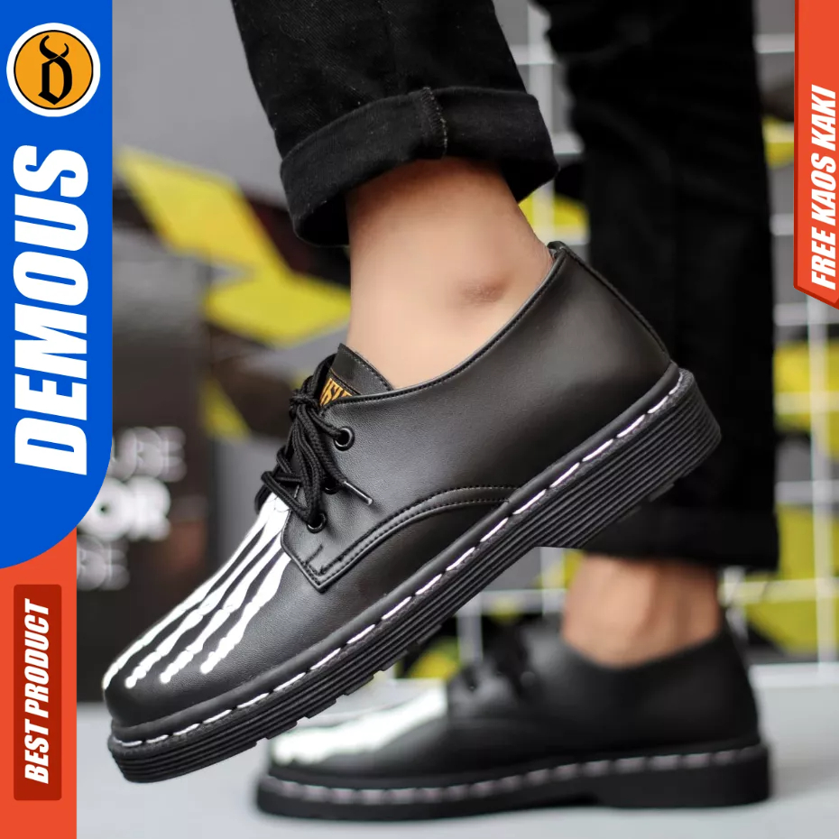 DEMOUS Skull - Sepatu Docmart Low Boots Formal Tali Hitam Kerja Pria