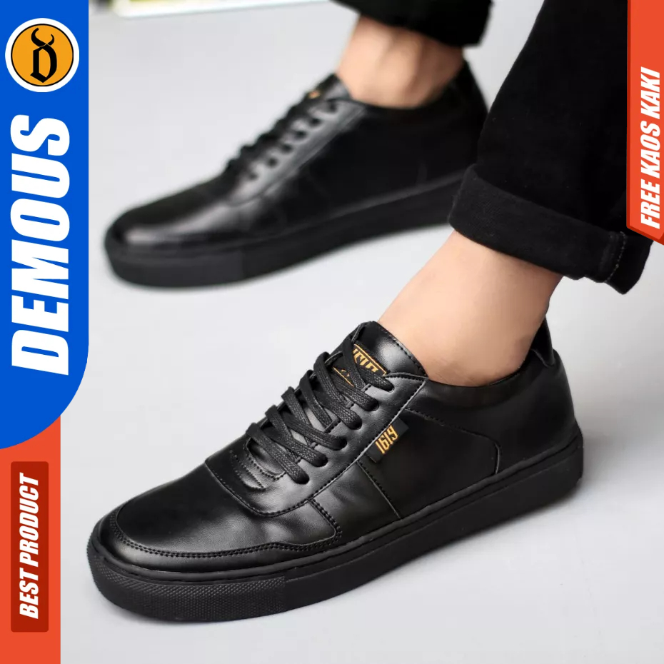 DEMOUS AUGUS - Sepatu Sneaker Casuar Tali Full Black Kulit Pu Pria