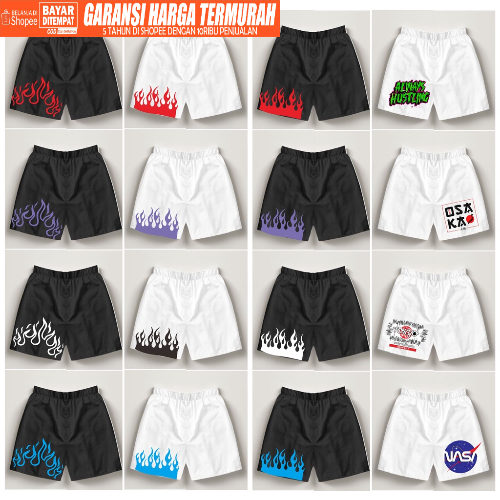 Boxer pria motif api kuning merah putih biru white red yelow purple bahan loto