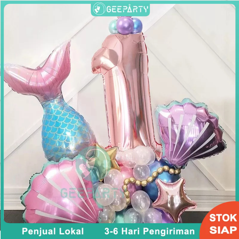 33 Pcs Putri Duyung Balon Nomor Mawar Emas Balon Foil Angka Cangkang Ekor Putri Duyung untuk Perleng