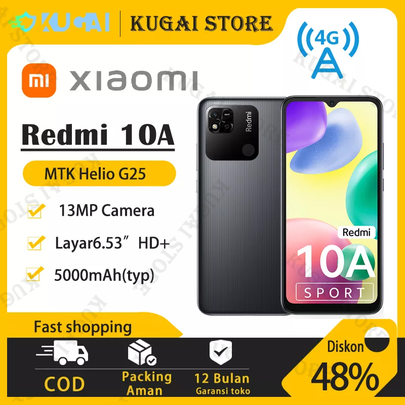 XIAOMI REDMI 10A RAM 6/128 GB Kamera Ganda 13MP 5000mAh Layar Dot Drop 6,53" HD+ Prosesor Octa-core