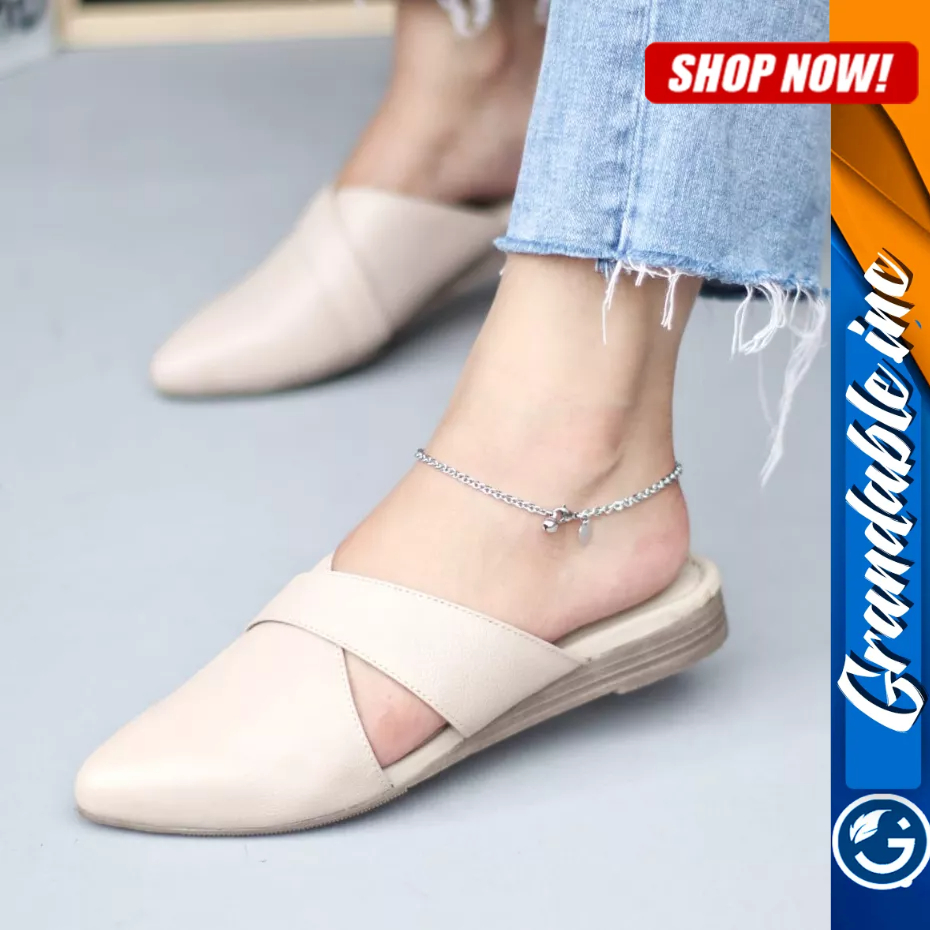 Sepatu Sandal Slop Formal Flatshoes Selop Cewek Kulit Asli Wanita ISSABEL