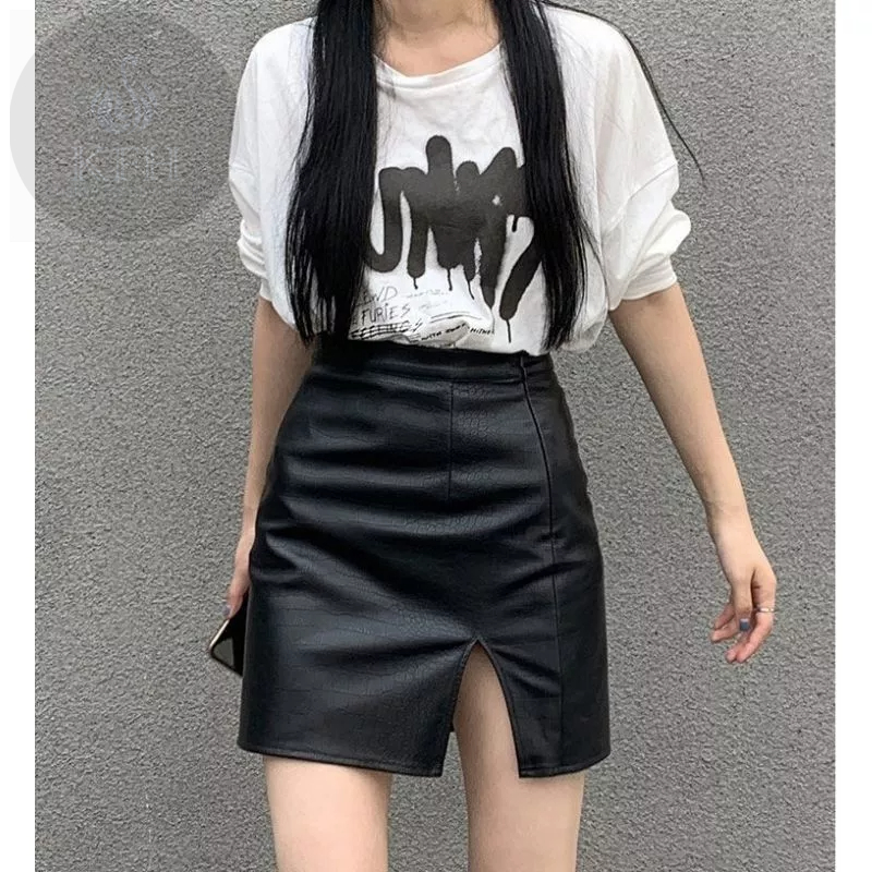 Leathers Mini Skirt Rok Mini Kulit Rok Wanita Rok Pendek Highwaist Split Paha Kiri Depan Minimalis R