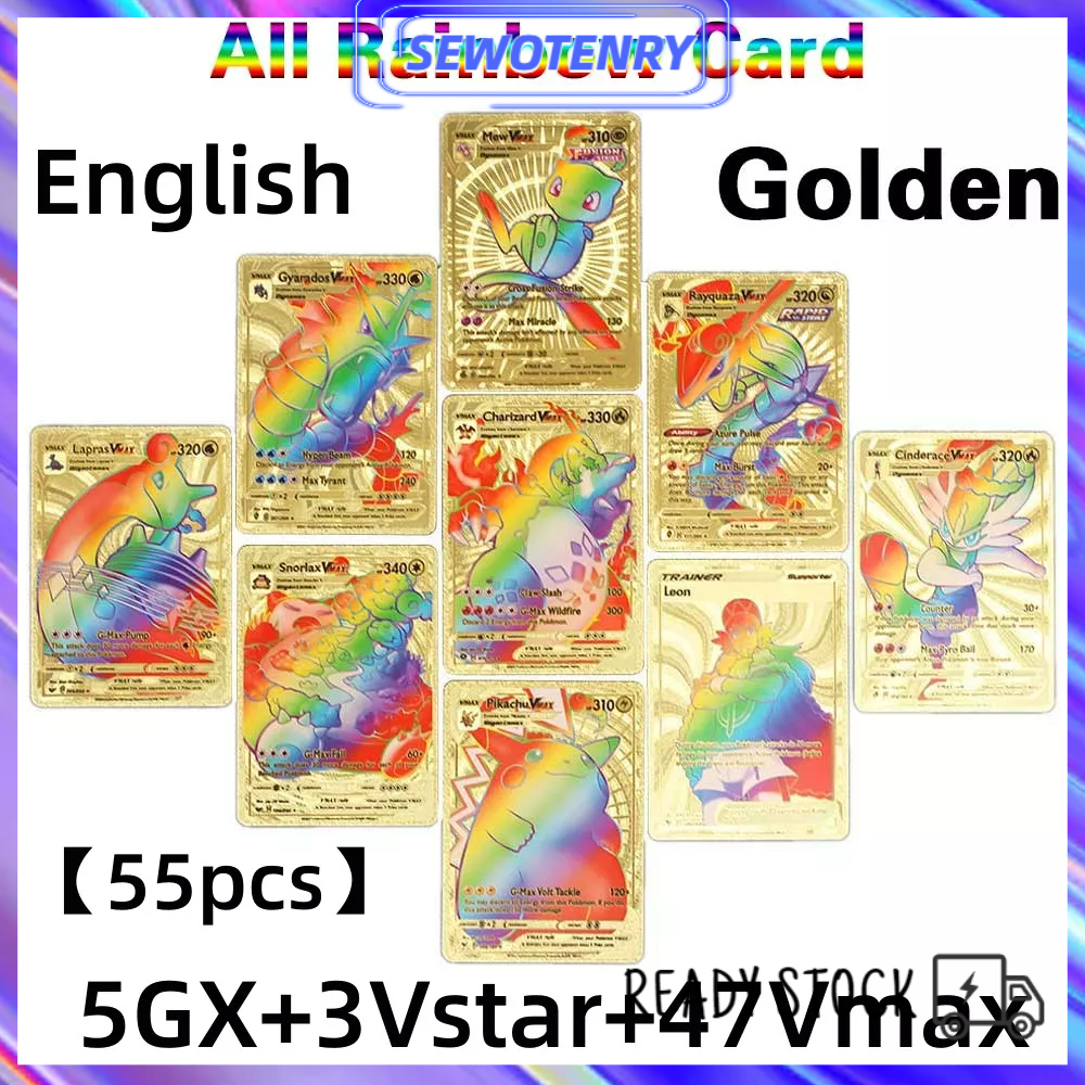 【COD】55pcs Kartu Emas Rainbow Pokemon Cards Vmax GX Gold Cards TCG Trading Card(Bahasa Inggris)