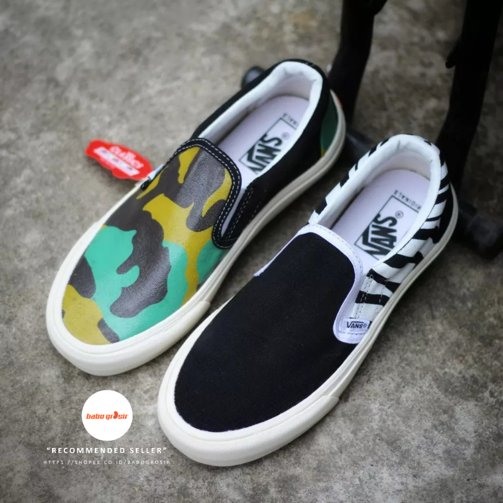 PROMO Vans Slip On Mismatch Zebra Camo Premium Import Quality, Tag Made in China, Upper Kanvas, Waffle DT