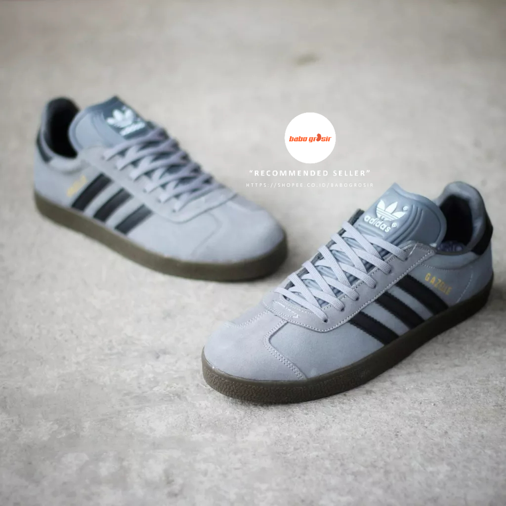 PROMO Sepatu Sneakers Adidas Gazelle Grey Black GUM Premium TOP Quality, Bahan Kulit Suede ASLI, Harga Termurah