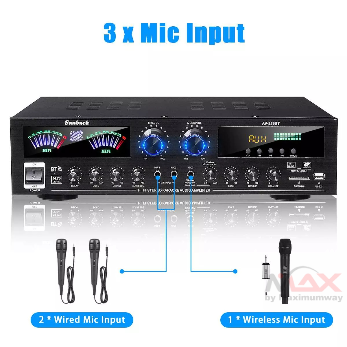 Sunbuck AV-555BT Ampli 4000W 5CH Bluetooth 5.0 Home Theater Amplifiers Audio FM USB SD 3Mic With Remote Bass Audio Power bluetooth Digital Amplifier Hifi Proffesional karaoke cafe dangdut &amp; stage Subwoofer Speakers 220V &amp; 12V for mobile HIFI system