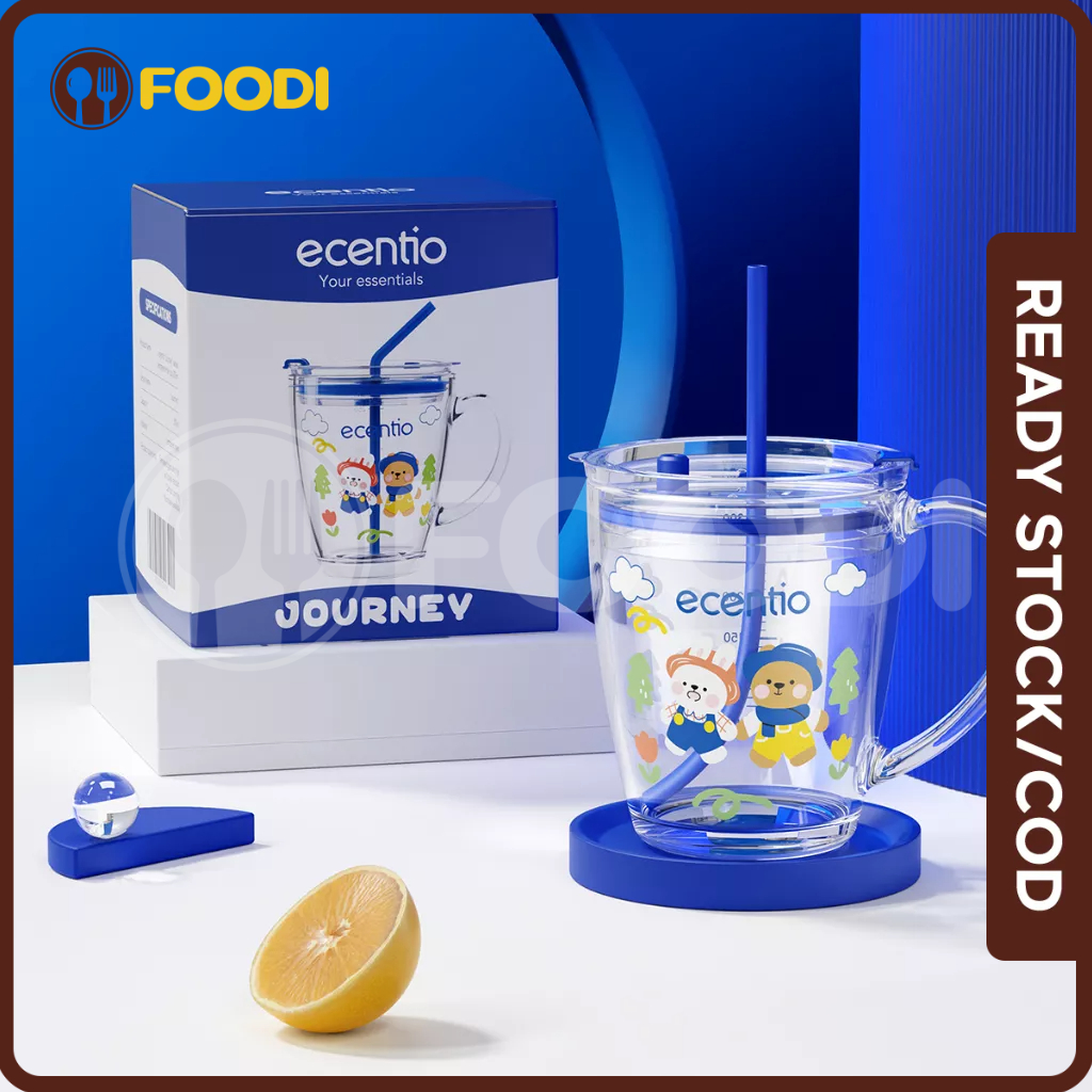 ecentio &amp; FOODI Gelas Mug kaca 370ml Tumbler Dengan Setotan Aesthetic Botol Minum