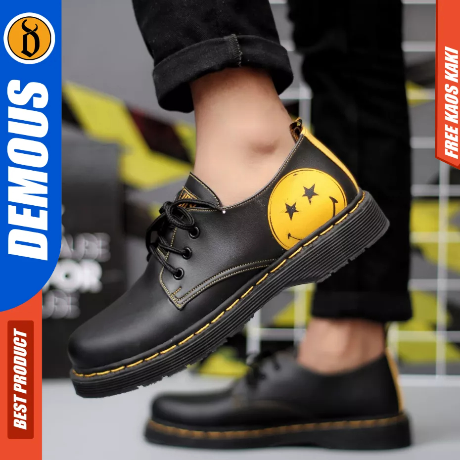 DEMOUS Skull - Sepatu Docmart Low Boots Formal Tali Hitam Kerja Pria