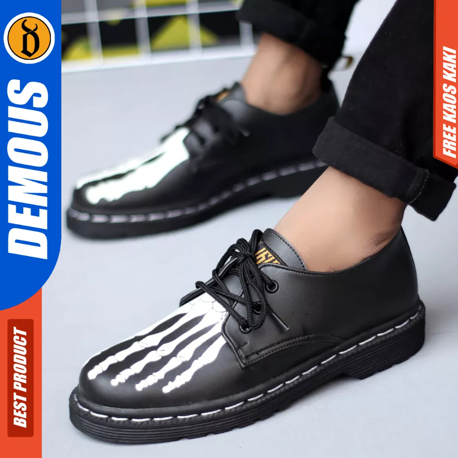 DEMOUS Skull - Sepatu Docmart Low Boots Formal Tali Hitam Kerja Pria