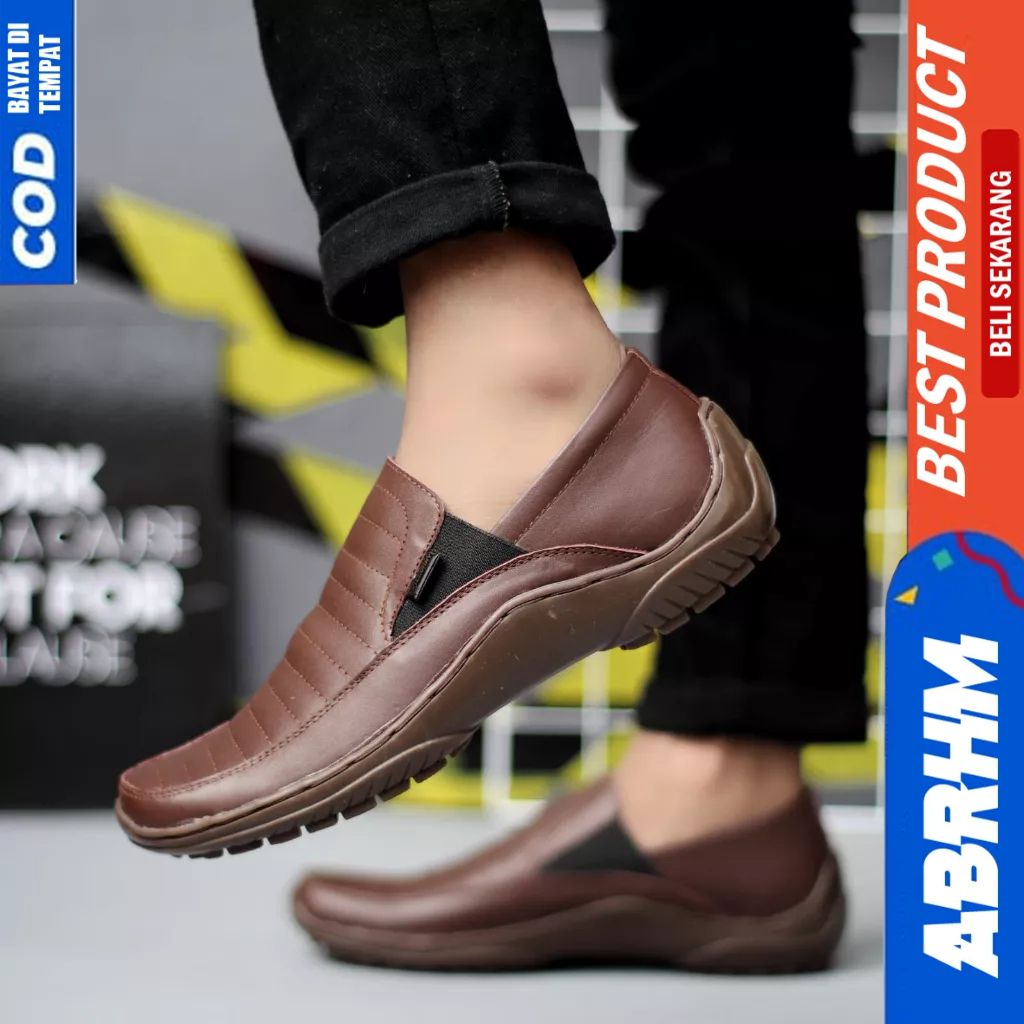 ABRHM Casual Formal Slop Kulit Asli Pantofel Hitam Kerja Pria