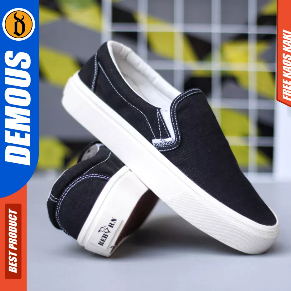 DEMOUS BRANZ - Sepatiu Casual Sneaker Slip-on Hitam Sekolah Pria