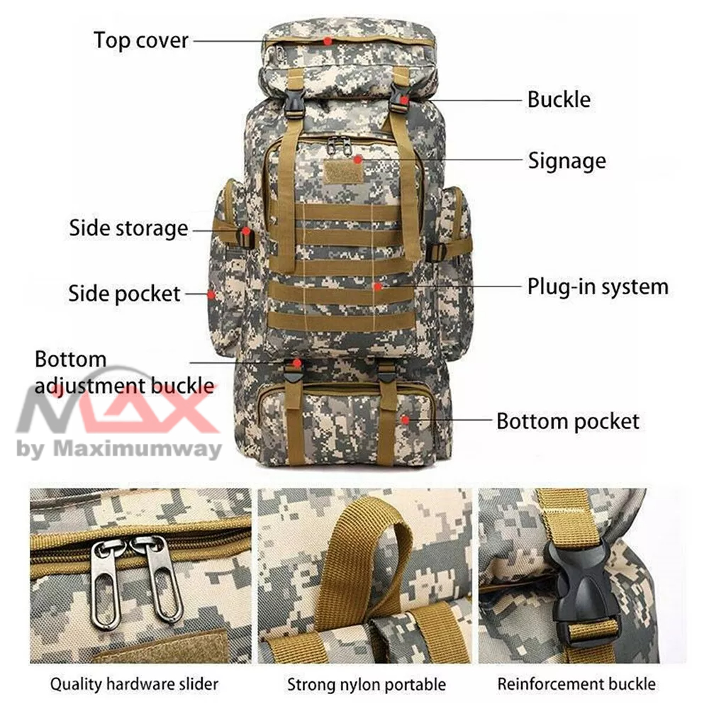 MOJOYCE Tas Ransel Hiking Camouflage Tactical 80 Liter Super Besar Anti Air Kamuflase Oxford Waterproof 80L Large Capacity Travel Climbing Bag Tactical Military Backpack Women Army Bags Canvas Bucket Bag Shoulder Sports Bag Male Travel Rucksack Outdoor