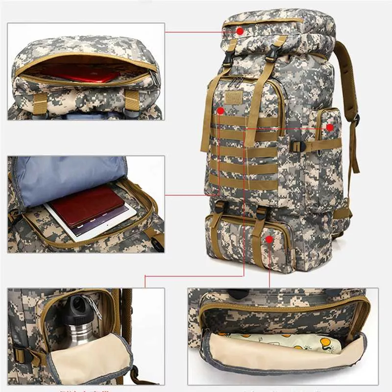 MOJOYCE Tas Ransel Hiking Camouflage Tactical 80 Liter Super Besar Anti Air Kamuflase Oxford Waterproof 80L Large Capacity Travel Climbing Bag Tactical Military Backpack Women Army Bags Canvas Bucket Bag Shoulder Sports Bag Male Travel Rucksack Outdoor