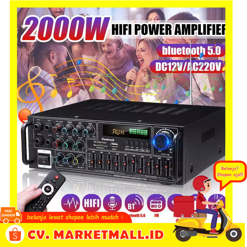 Ampli Hi-Fi Stereo Audio Amplifier Bluetooth EQ Karaoke FM 2000W Remot Kontrol Radio FM Slot Kartu SD dan USB - Sunbuck AV-326Z PLUS - 4PSK07BK