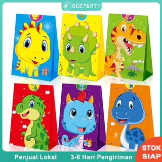 

12 pcs Lootbags Pesta Ulang Tahun Permen Kantong Kertas Kraft Lucu Kartun Tema Dinosaurus