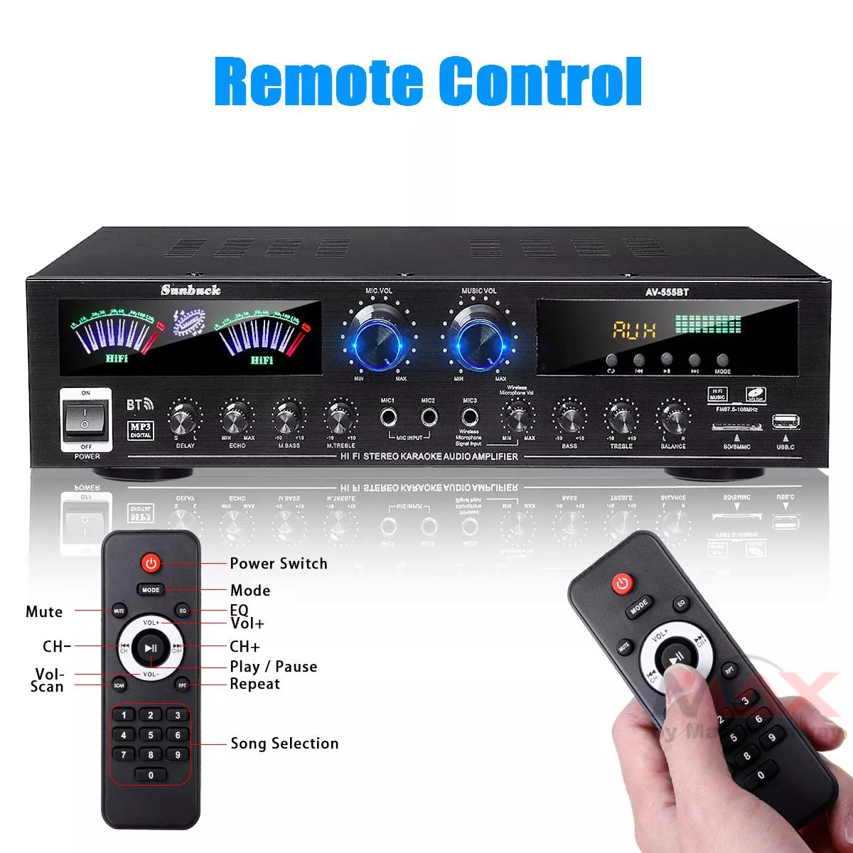 Sunbuck AV-555BT Ampli 4000W 5CH Bluetooth 5.0 Home Theater Amplifiers Audio FM USB SD 3Mic With Remote Bass Audio Power bluetooth Digital Amplifier Hifi Proffesional karaoke cafe dangdut &amp; stage Subwoofer Speakers 220V &amp; 12V for mobile HIFI system