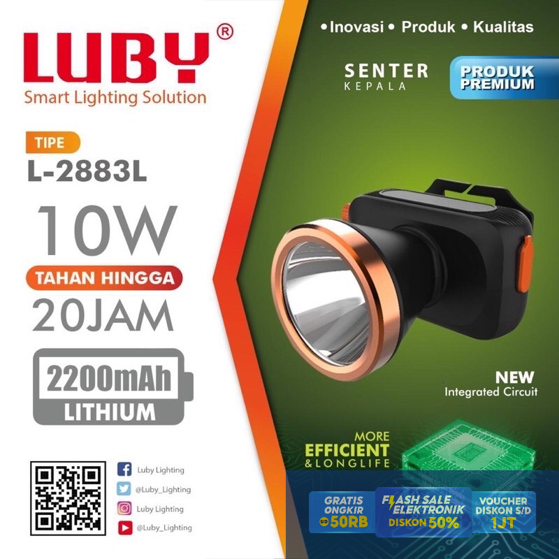 Senter Kepala / Headlamp LUBY L 2883L 10 Watt + free lensa kuning Murah meriah