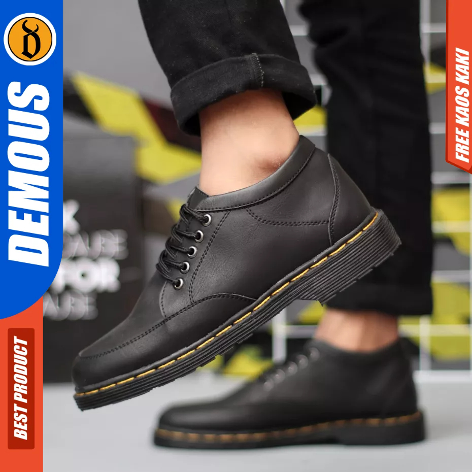 DEMOUS Fushion - Sepatu Pantofel Formal Docmart Low Boots Hitam Kerja Pria