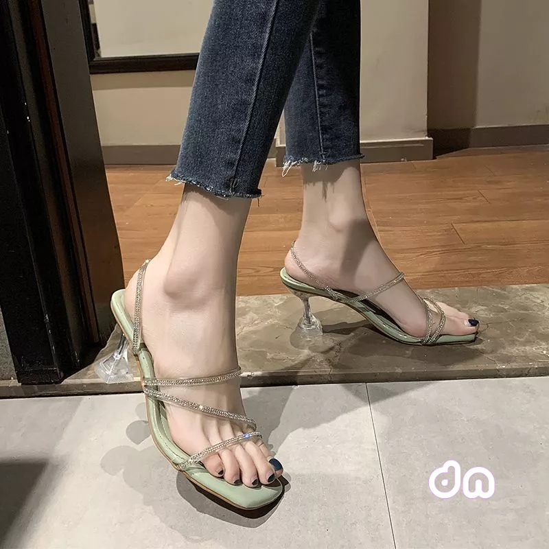 Amira 03 sendal heels wanita hak kaca tali glitter silang