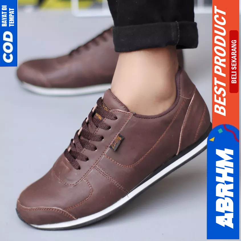 ABRHM Sepatu Casual Sneakers Hitam Kulit Asli Kerja Pria