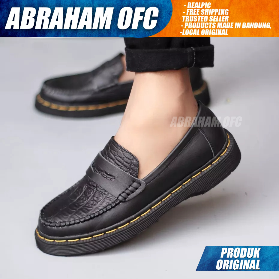 ABRAHAM Sepatu Docmart Loafers Kulit Asli Formal Pantofel Hitam Kerja Pria