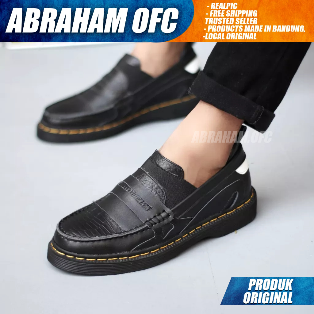 ABRAHAM Sepatu Loafers Docmart Casual Kulit Asli Formal Pantofel Hitam Kerja Pria