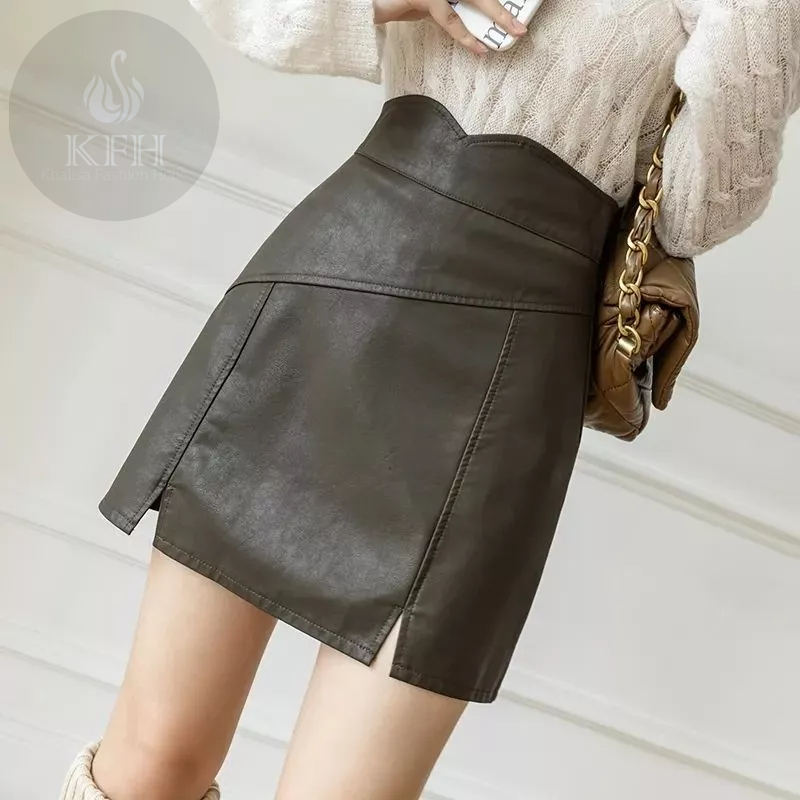 Rok Mini Kulit Rok Wanita Rok Pendek Highwaist Pinggang Tinggi Gotik Highwaist Double Split Rok Pend