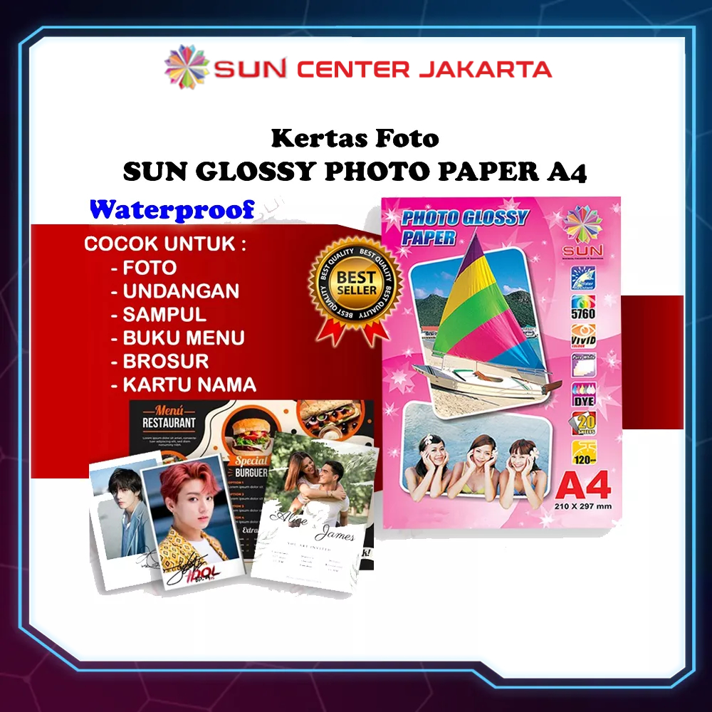 Kertas Foto Glossy A4 - SUN Photo Glossy Paper A4 265, 240, 210, 185, 120 GSM (Support epson/canon/hp/brother ori dye) - 664, 003, 673, 001