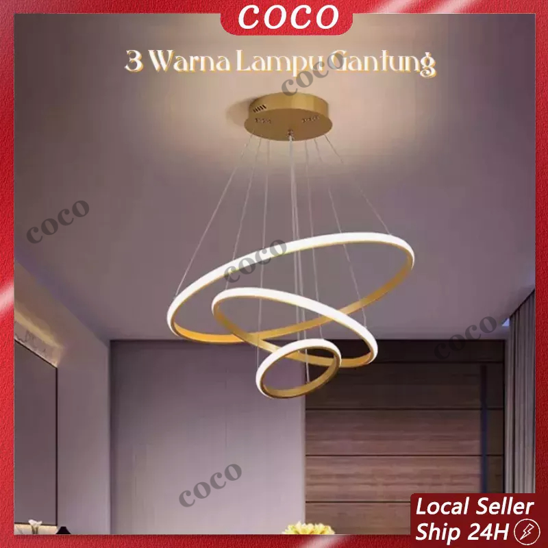 【COD】Lampu Gantung LED 3 Ring Emas 3 Warna, minimalis modern, bergaransi 1 tahun. Cocok untuk ruang tamu dan kamar