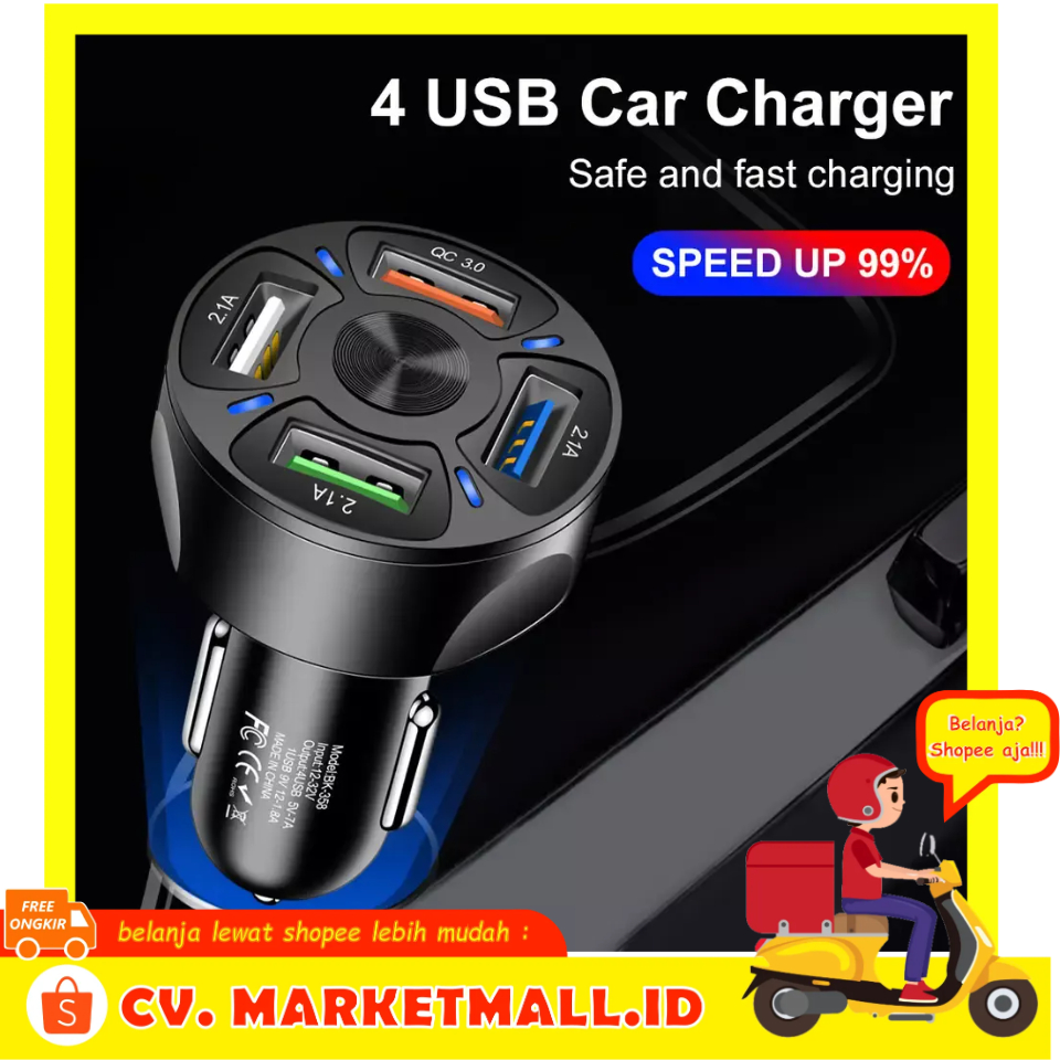 Universal 4 Port USB QC3.0 Pengisian Cepat Charger Mobil USB Untuk Ponsel 35W 7A Taffware BK-358 - 7RRSE0BK