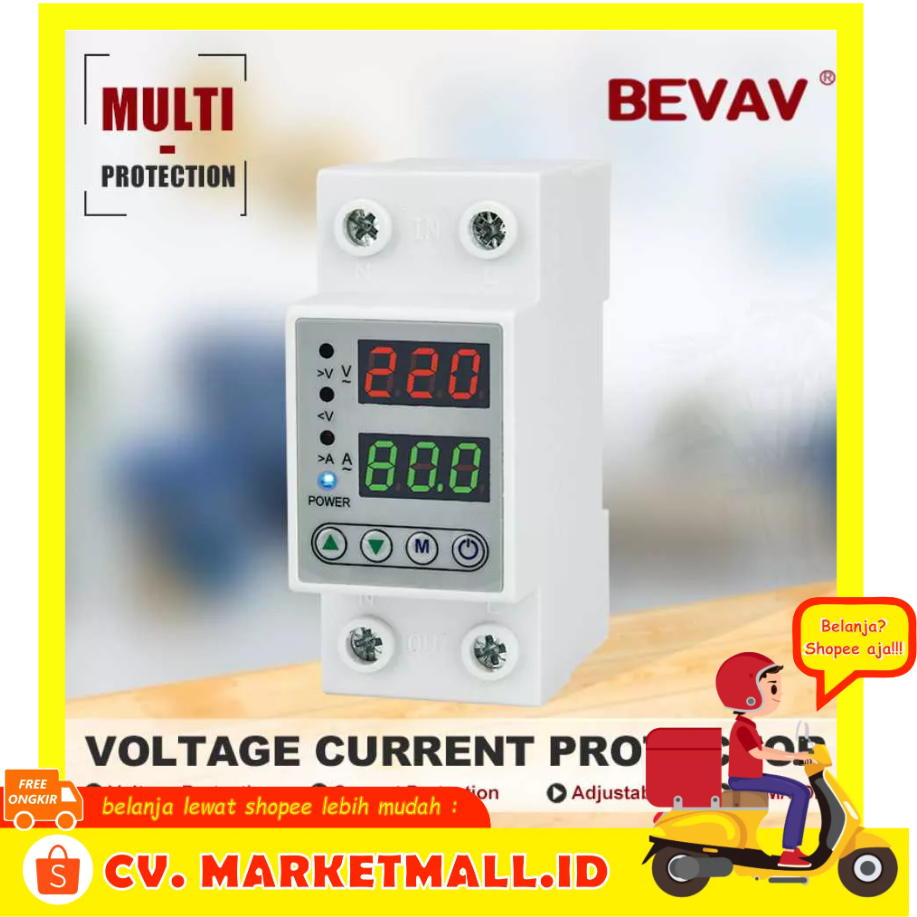 MCB Pelindung Batas Arus Digital Tegangan Relay Pelindung VA Din Rail Over Under Voltage Protection 220V 40A BEVAV -7RHXN0WH