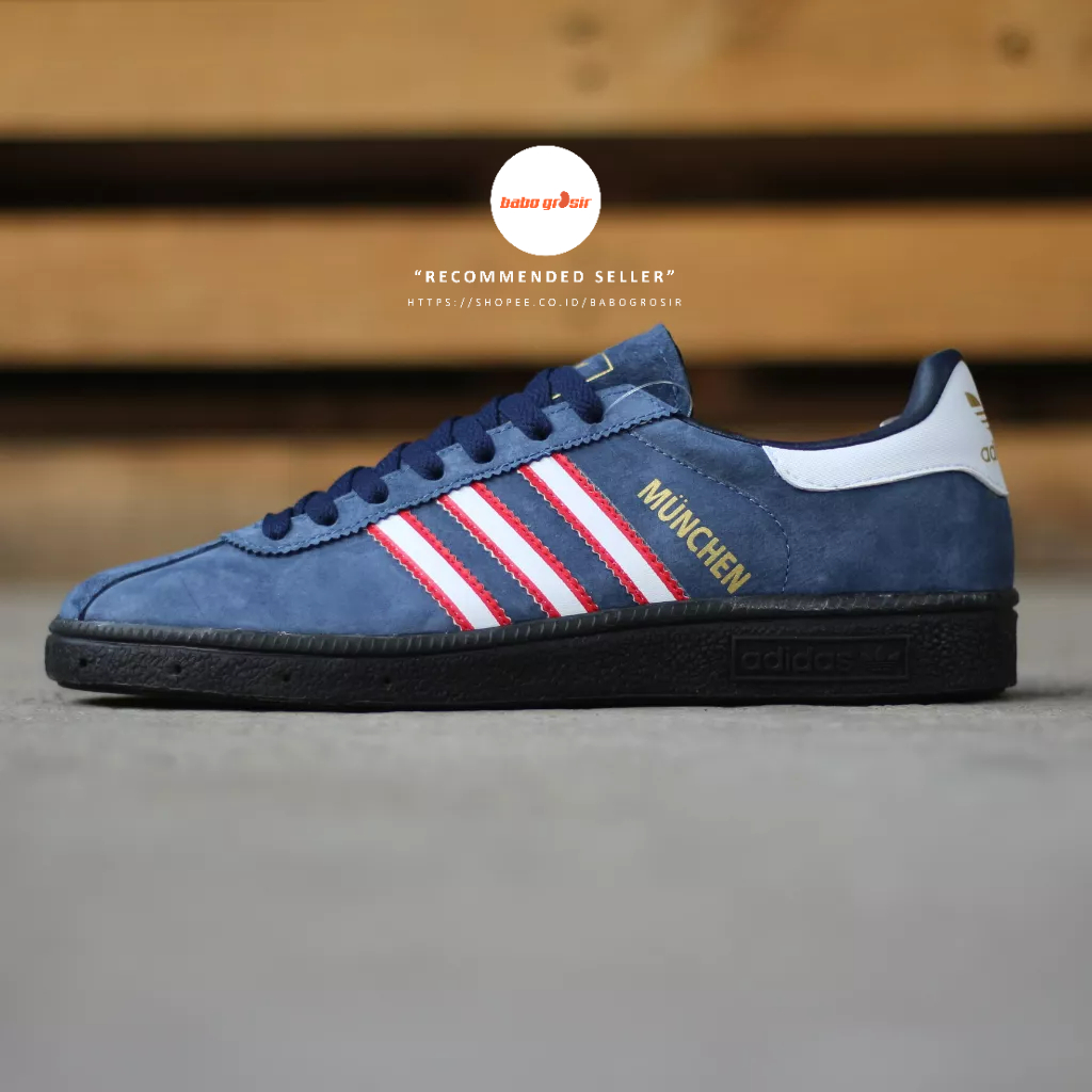 PROMO Sepatu Sneakers Adidas Munchen Edge Navy Premium TOP Quality Include Box, Bahan Kulit Suede ASLI, Harga Termurah