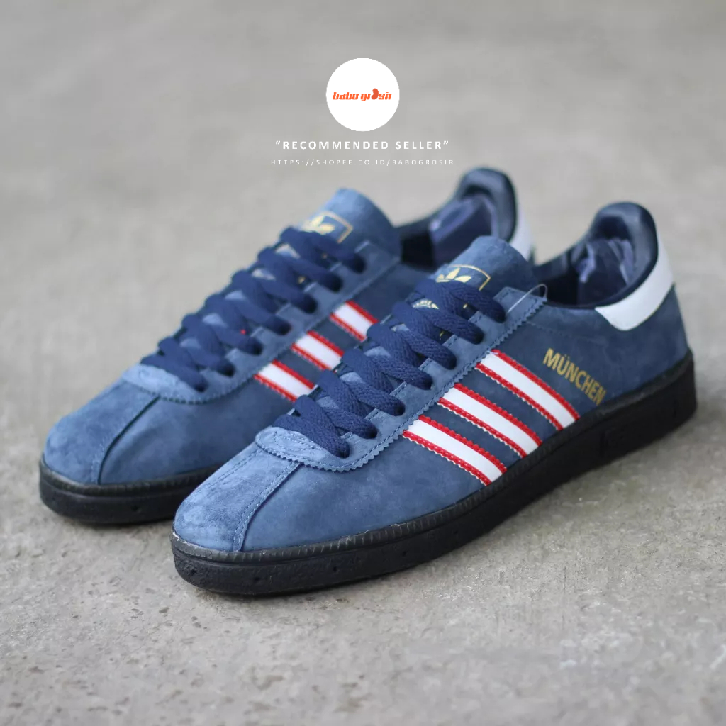PROMO Sepatu Sneakers Adidas Munchen Edge Navy Premium TOP Quality Include Box, Bahan Kulit Suede ASLI, Harga Termurah