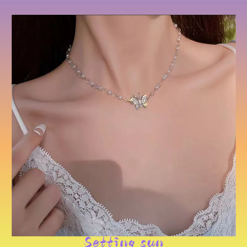 COD✨Kalung Liontin Klavikula Mutiara Hati Butterfly Choker Rantai Multilayer Untuk Aksesoris Perhiasan Wanita SE