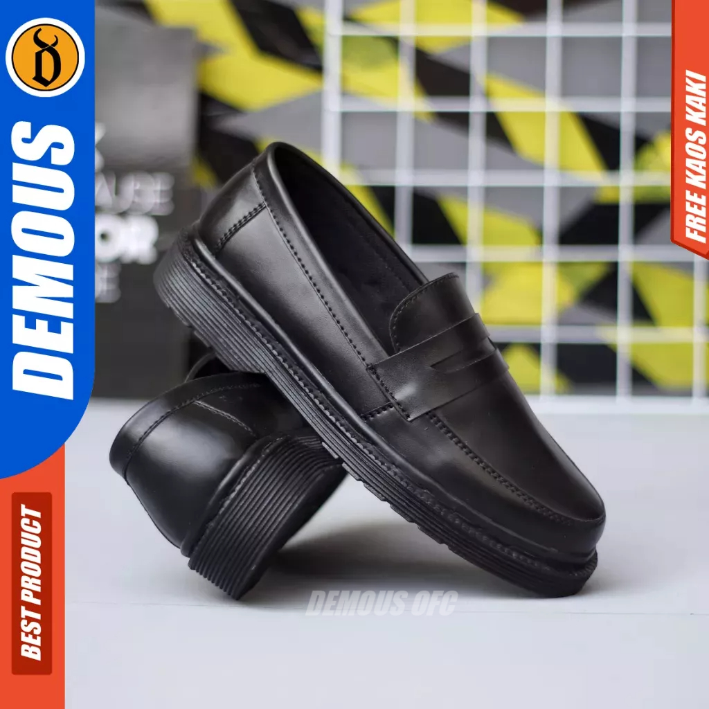 Demous Polis - Sepatu Loafers Docmart Pantofel Hitam Kerja Pria