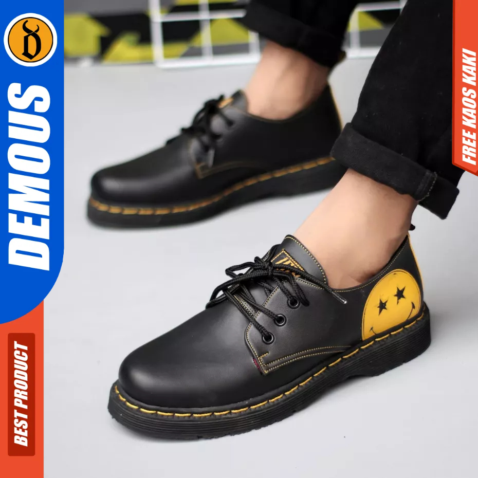 DEMOUS Bone - Sepatu Formal Docmart Low Boots Hitam Kulit Pu Pria