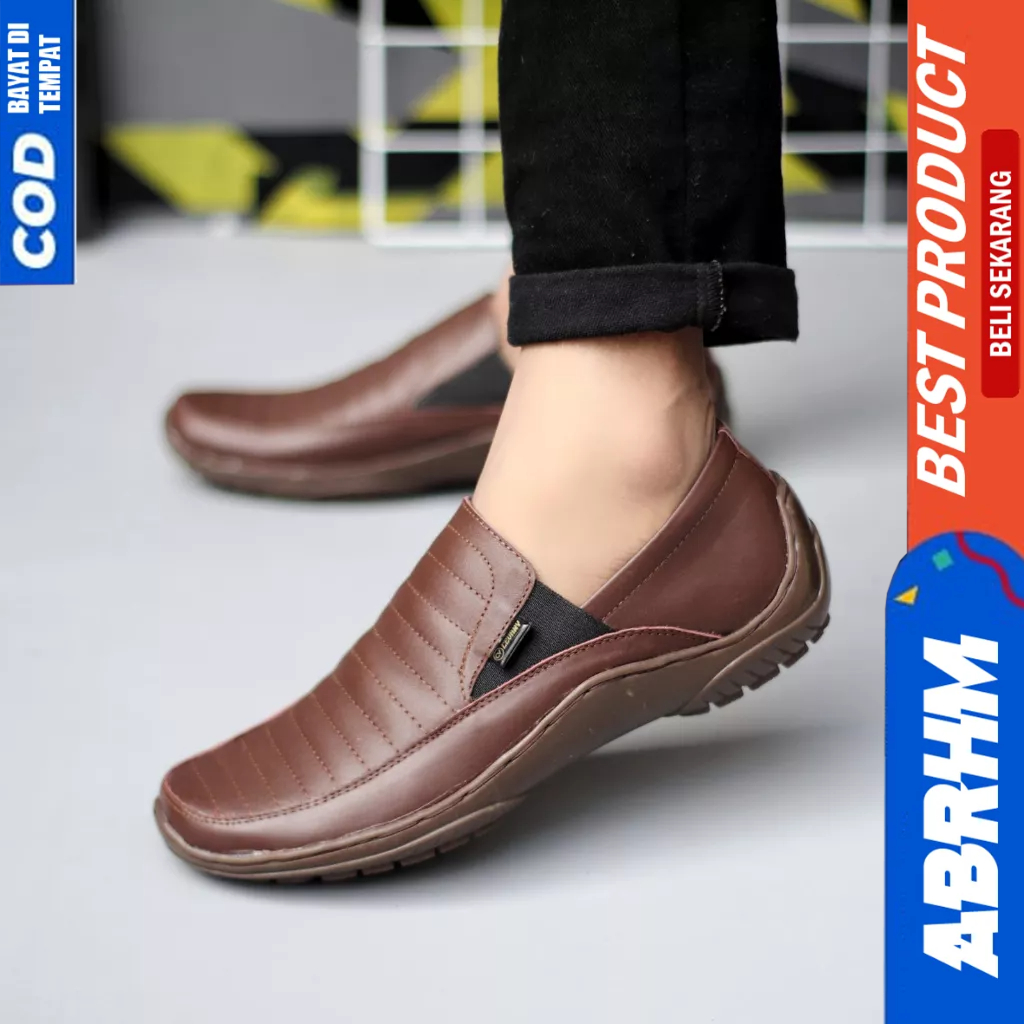 ABRHM Casual Formal Slop Kulit Asli Pantofel Hitam Kerja Pria