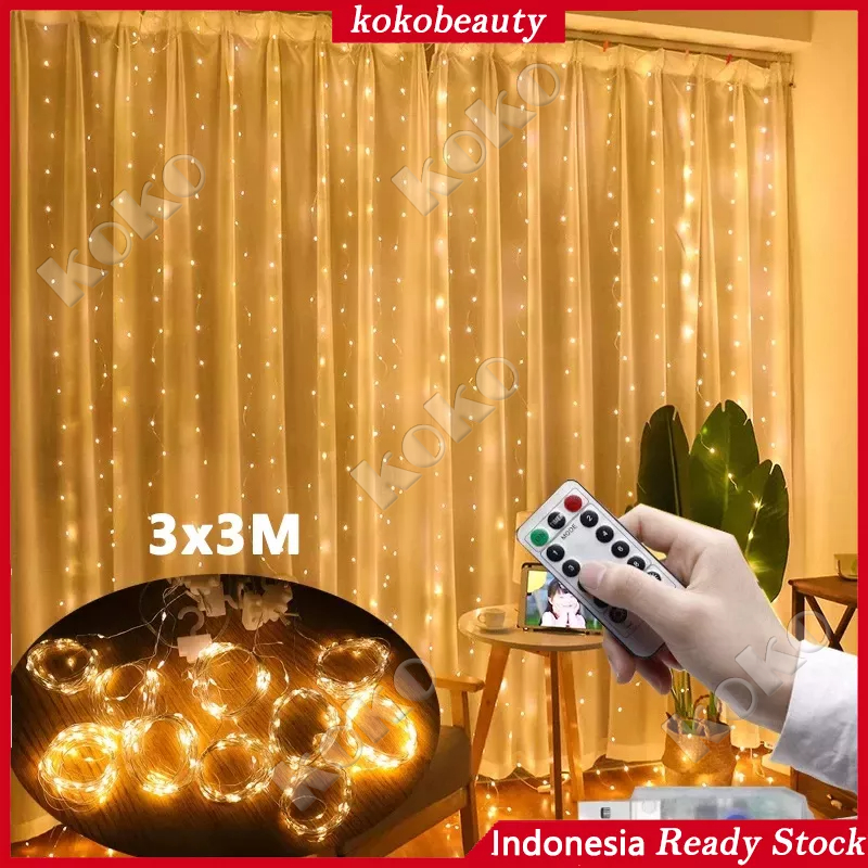 【Penjual Lokal】Lampu Tirai Panjang 3 x 3 meter 300 LED Tumblr Light Lampu Natal Tirai LED Long Curtain Gorden Dekorasi Light with USB &amp; Remote Control Lampu Hias Kamar