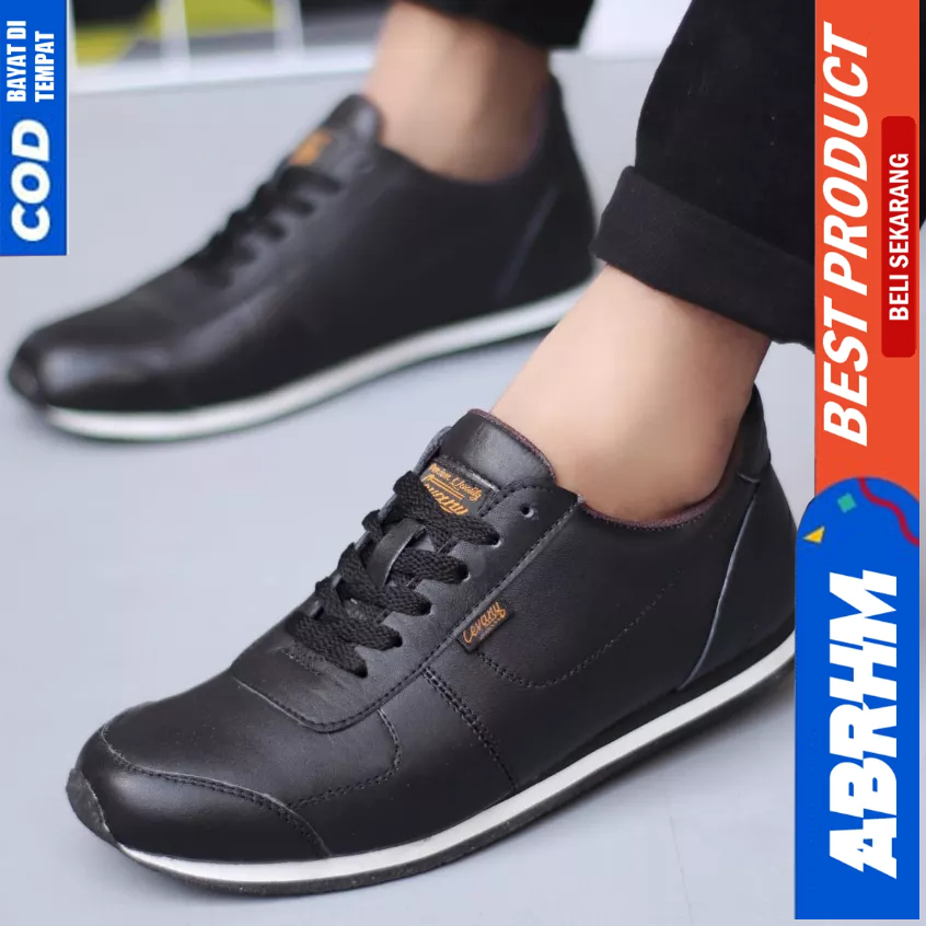 ABRHM Sepatu Casual Sneakers Hitam Kulit Asli Kerja Pria