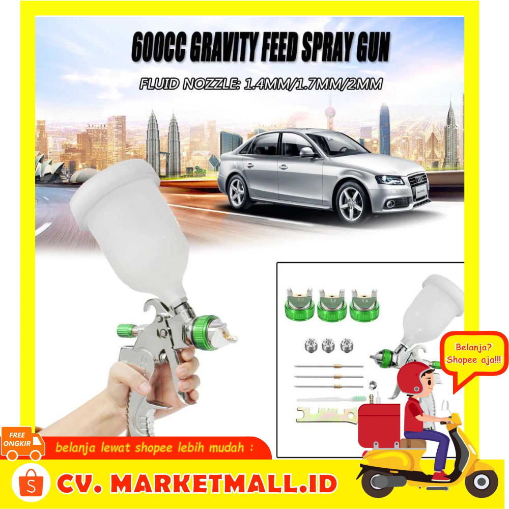 Professional Spray Gun Cat Mobil Motor Nozzle Airbrush 1.4/1.7/2.0mm Cup 600ml Pot Putih HVLP - 7CHZ7XGR