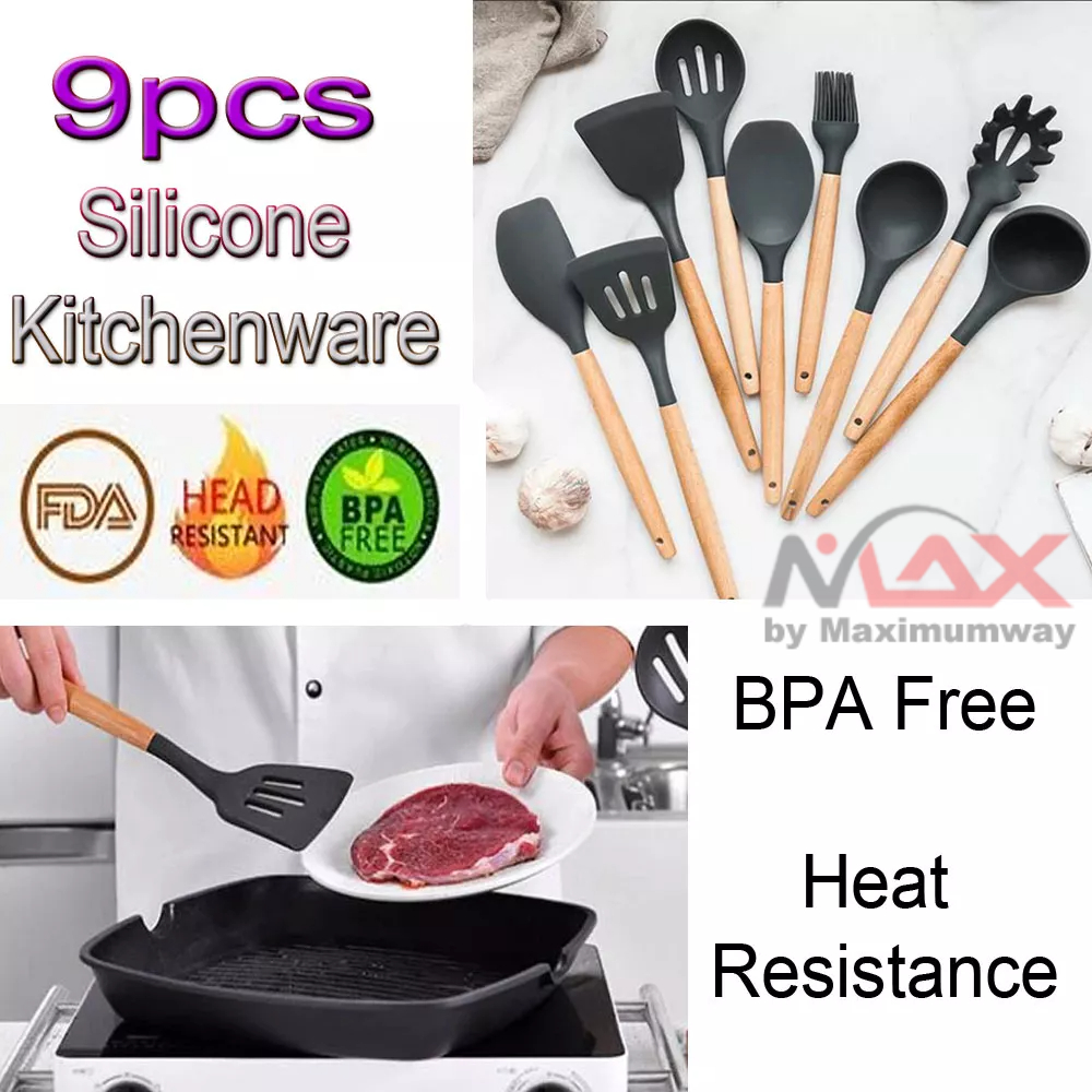 GLANYOMI Set (9 pcs) Spatula Sodet Plastik Silicone anti panas BPA FREE untuk pengorengan dan panci lapis Teflon tidak merusak peralatan dapur sendok sayur sendok spaghetti rebus sayur kualitas bagus untuk profesional chef FDA certificate tidak beracun