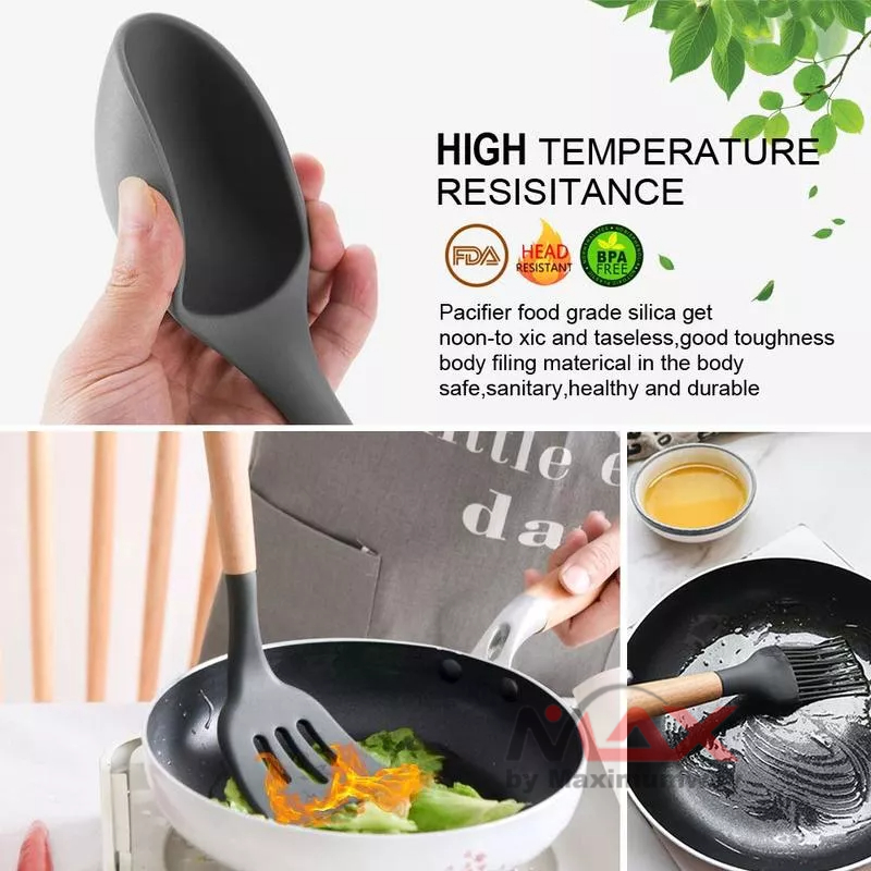 GLANYOMI Set (9 pcs) Spatula Sodet Plastik Silicone anti panas BPA FREE untuk pengorengan dan panci lapis Teflon tidak merusak peralatan dapur sendok sayur sendok spaghetti rebus sayur kualitas bagus untuk profesional chef FDA certificate tidak beracun