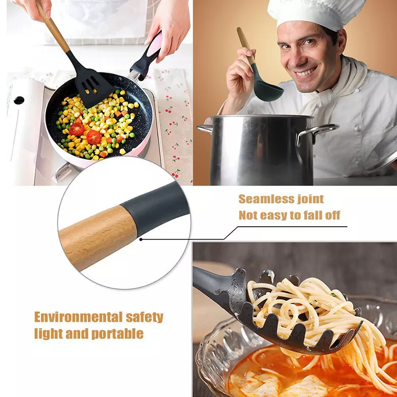GLANYOMI Set (9 pcs) Spatula Sodet Plastik Silicone anti panas BPA FREE untuk pengorengan dan panci lapis Teflon tidak merusak peralatan dapur sendok sayur sendok spaghetti rebus sayur kualitas bagus untuk profesional chef FDA certificate tidak beracun