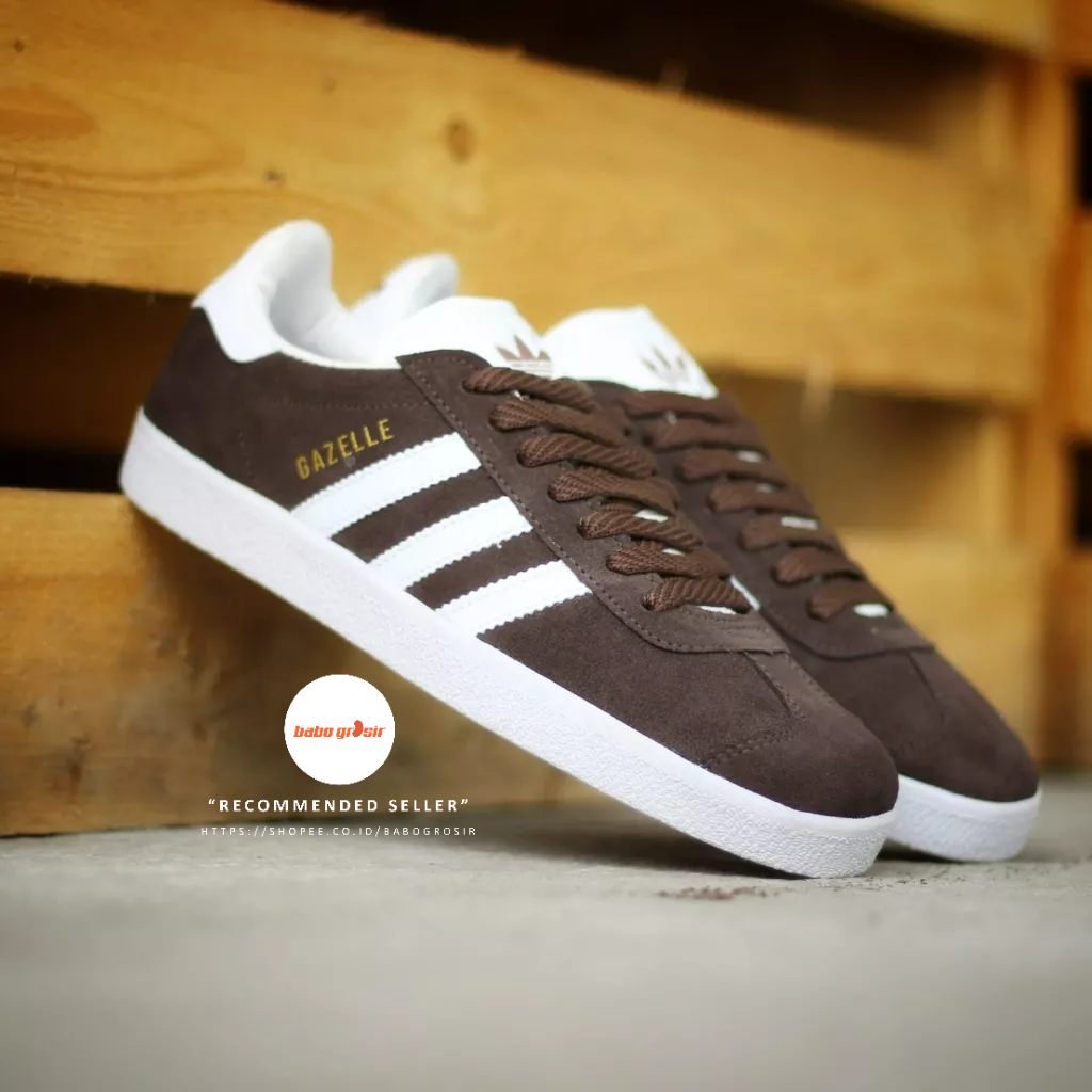 PROMO Sepatu Sneakers Adidas Gazelle Brown White Premium TOP Quality, Bahan Kulit Suede ASLI, Harga Termurah