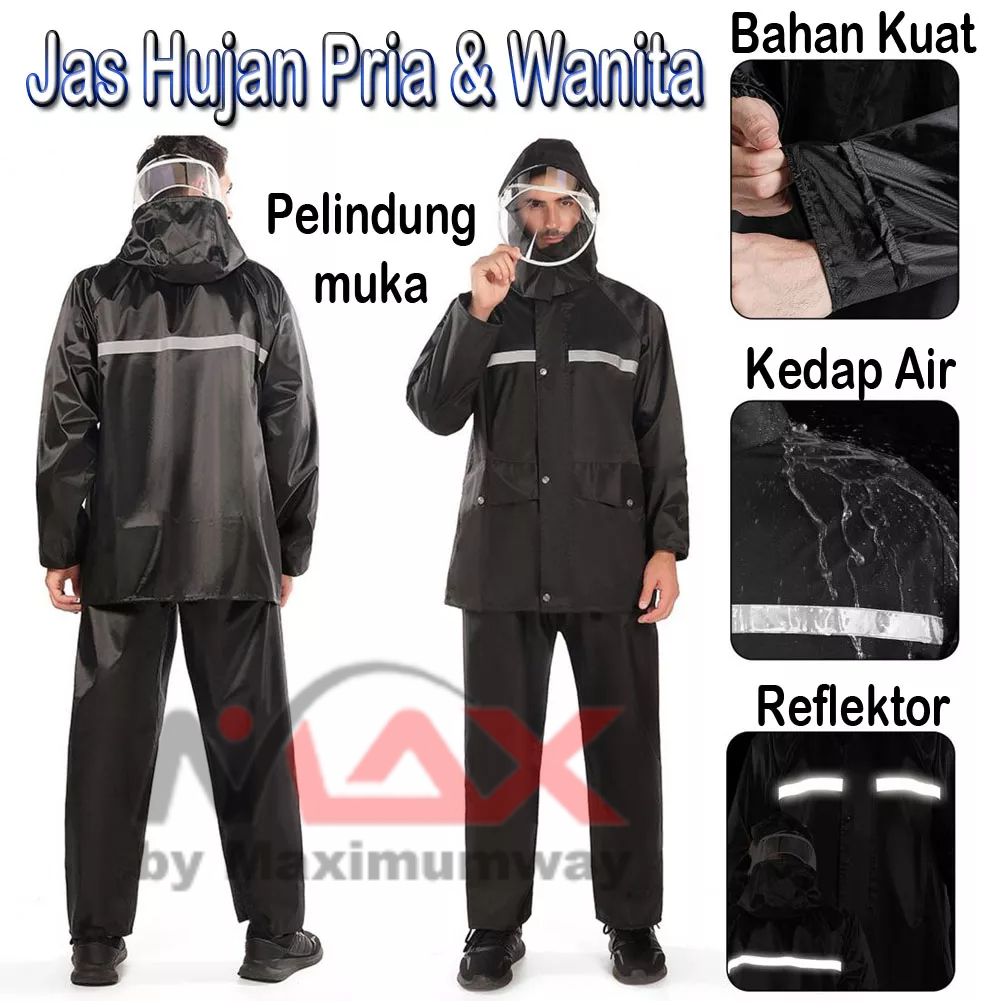 JIE Jas Hujan Motor Setelan Atas Bawah dengan celana pria wanita Set Setelan Jas Hujan Rain Coat bahan tebal anti air kedap air ideal untuk biker bikers pengendara motor cewek cowok laki perempuan Cycling Rain Coat Waterproof Windproof Hiking Camping Rain