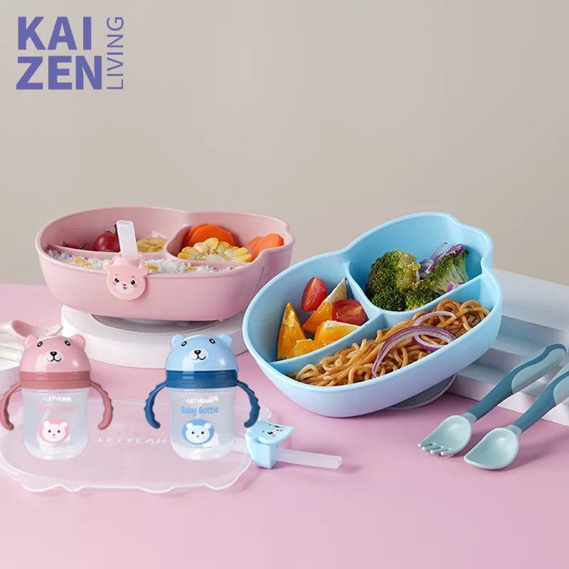 Letyeah &amp; Kaizenliving Set Piring Makan Anak Karakter Botol Minum Anak Sedotan Training Cup Bayi BPA Free Peralatan Makan Balita