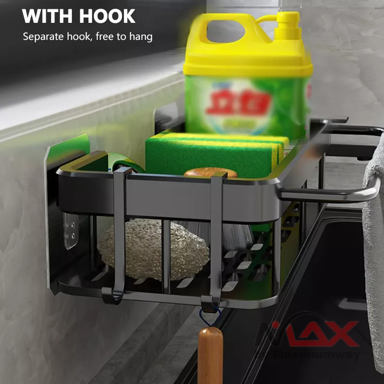 YJ01 Rak Dapur Cucian piring tempat sabun dan serbet Aluminium Organizer Wastafel dengan cantelan serbet dan peralatan dapur bahan kuat anti karat Kitchen Hanging Storage Rack Shelf Towel Sponge Drain Organizer Alumimum Sink Drain Rack Basket metal besi